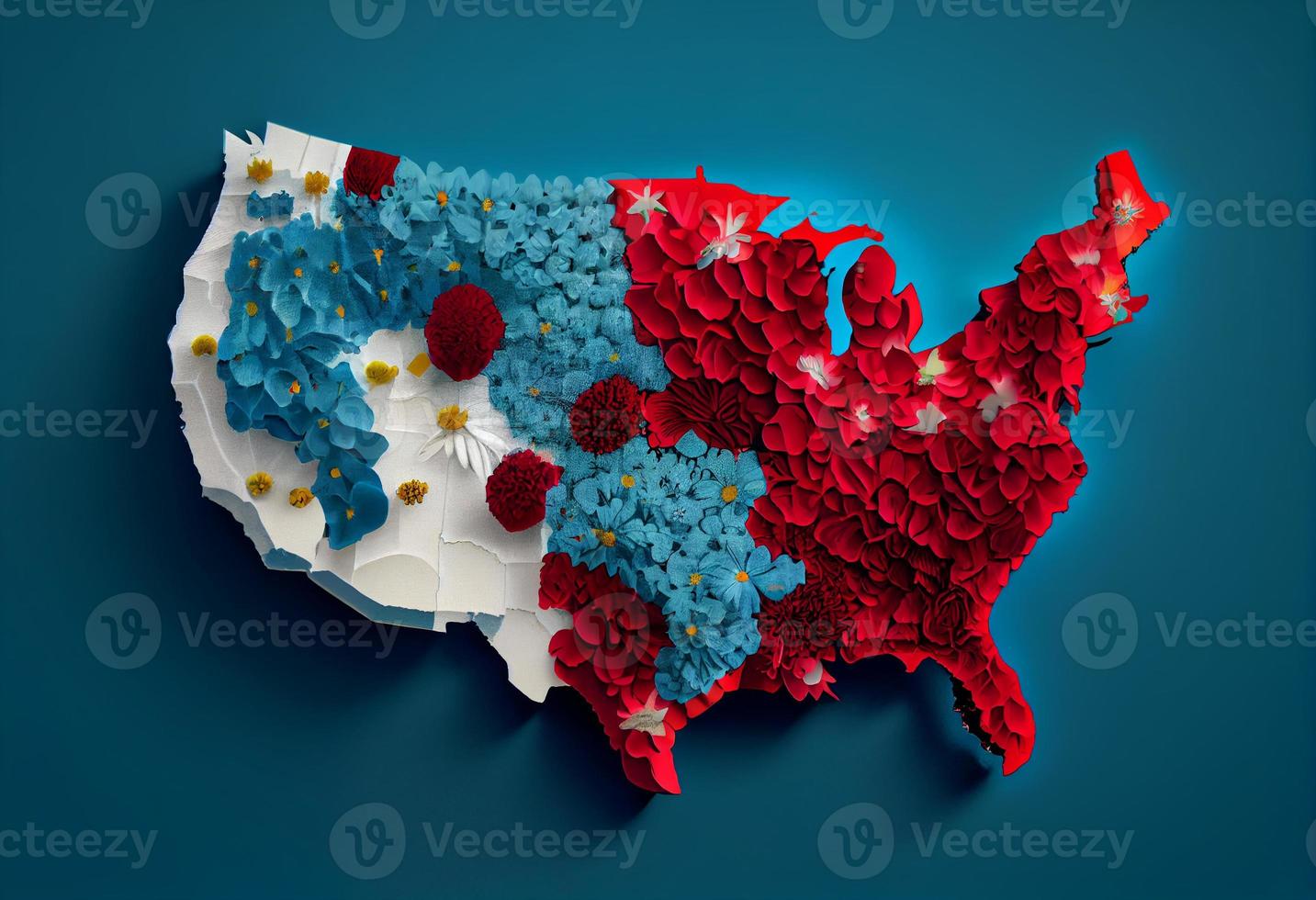 USA Karte gemacht mit Blumen - - Blau, Weiss, rot Hintergrund . generieren ai. foto