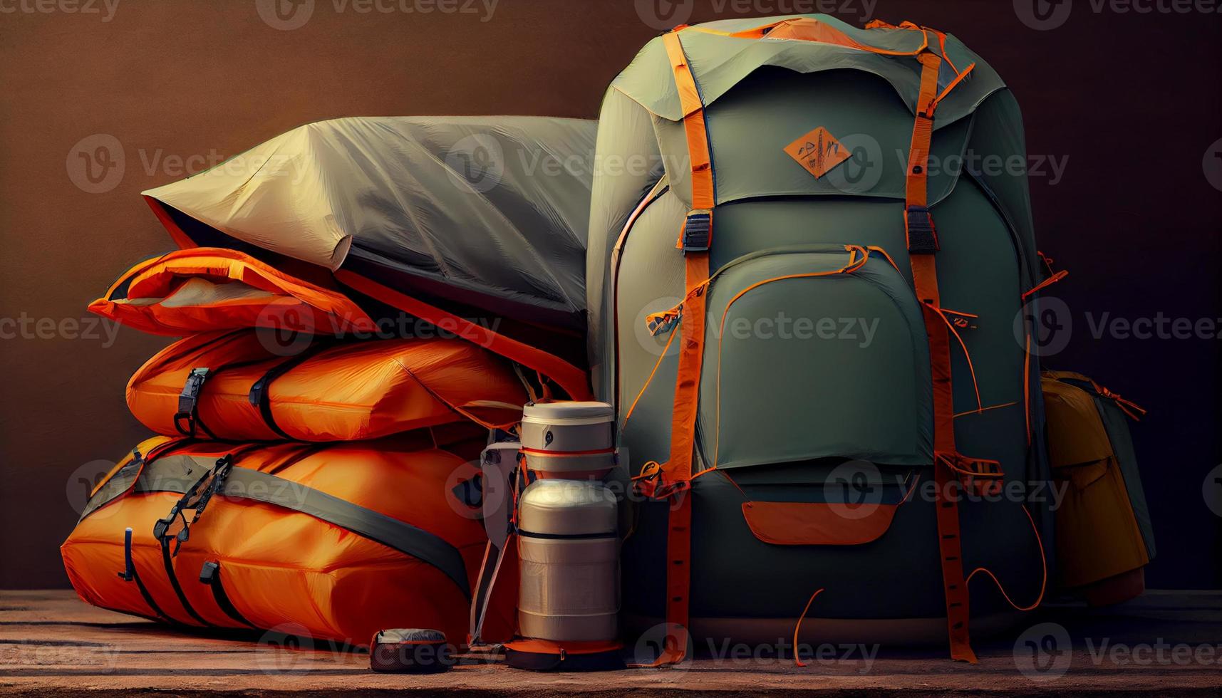 Reise Taschen im Vorderseite von ein Camping Zelt, Wandern Gang.. generieren ai foto