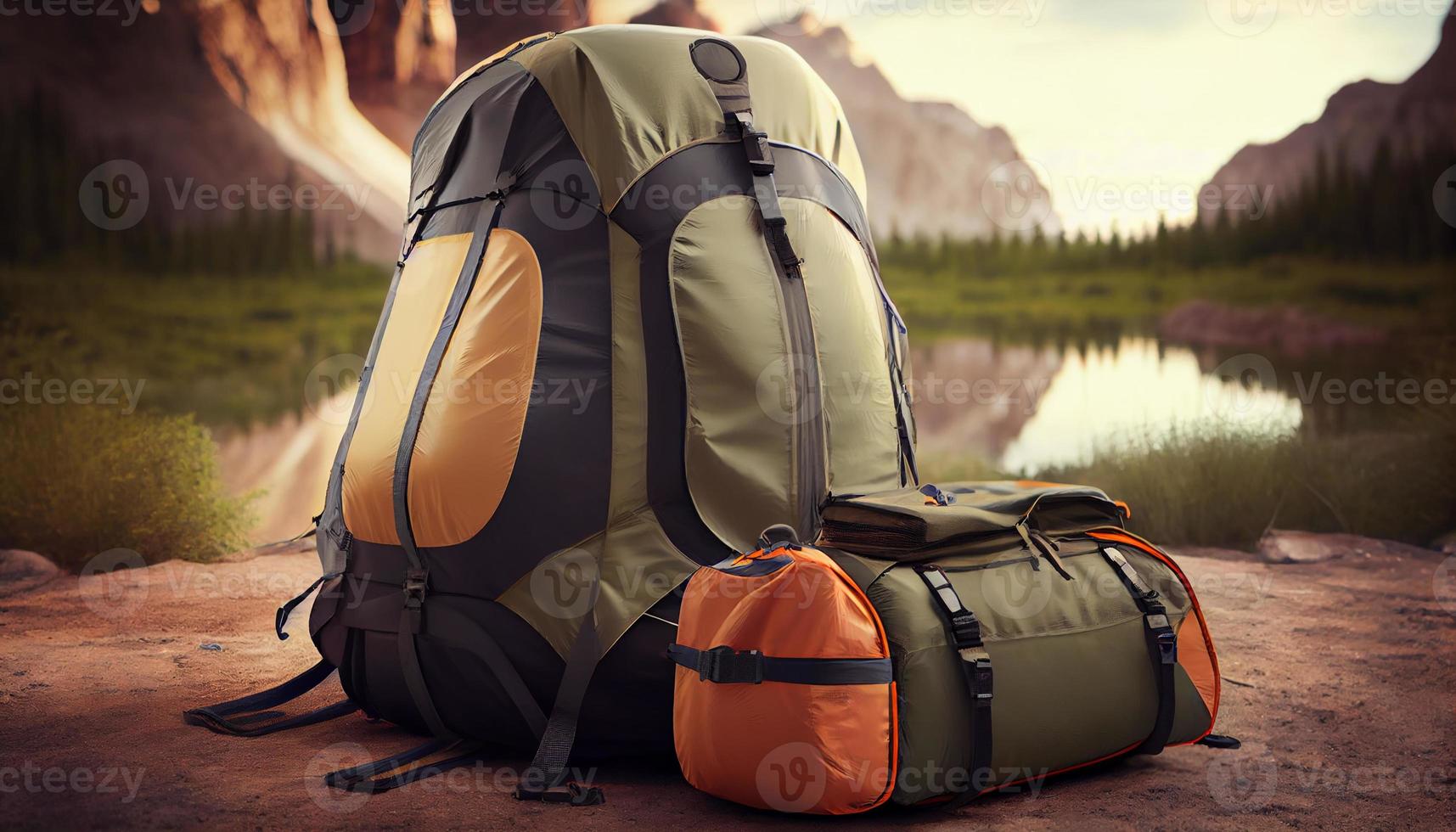 Reise Taschen im Vorderseite von ein Camping Zelt, Wandern Gang.. generieren ai foto