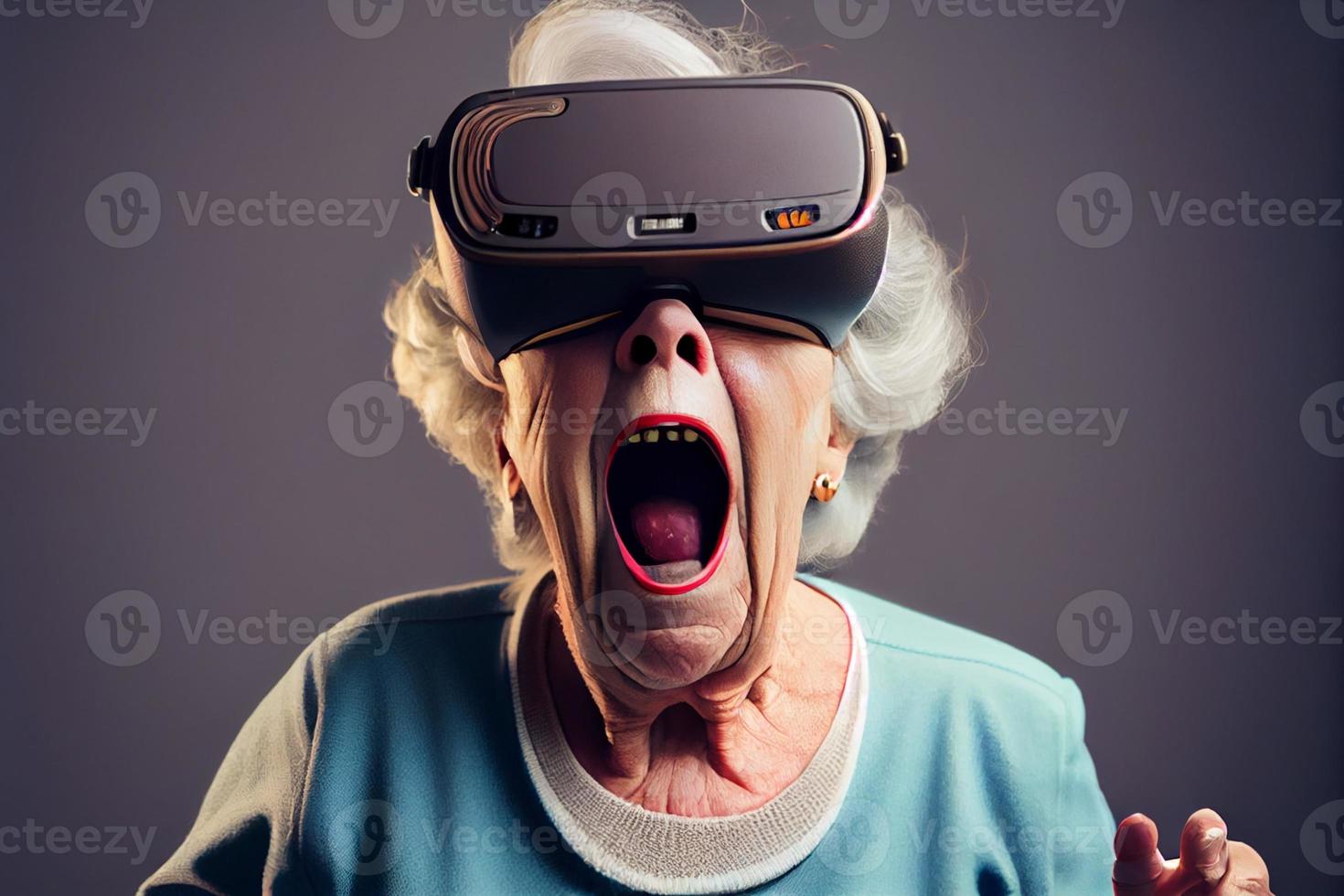 Bild von schockiert Senior Dame schreien während erkunden virtuell Wirklichkeit. generieren ai foto