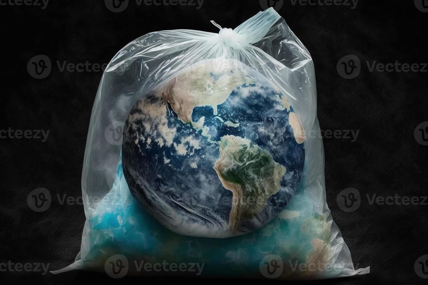 Planet Erde im ein Plastik Tasche. Umwelt Konzept. generieren ai foto