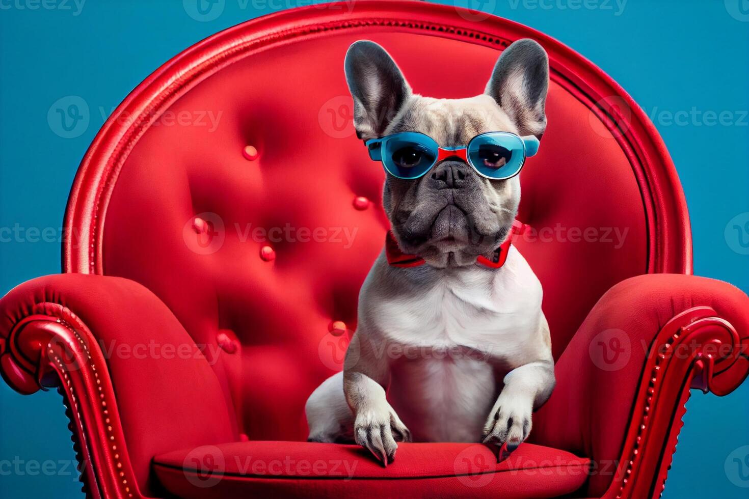 Französisch Bulldogge Hund im runden Sonnenbrille sitzt auf ein rot Stuhl auf ein Blau Hintergrund. generieren ai foto