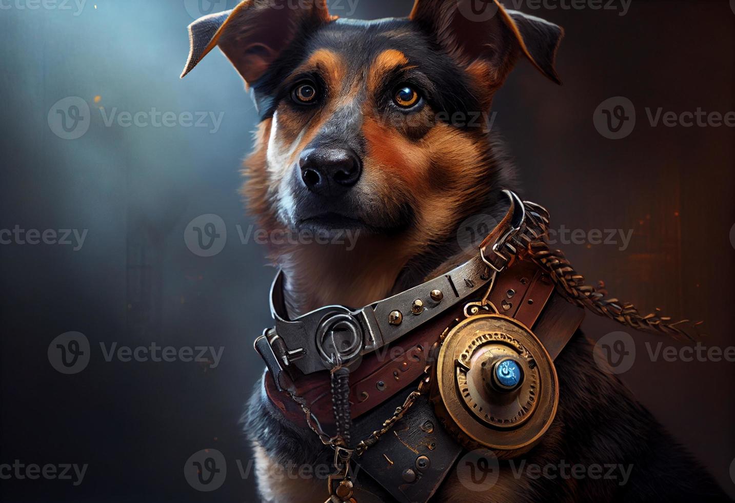 Hund mit ein Steampunk Uhr Lanyard um seine Hals schützen ein sicher. generieren ai foto