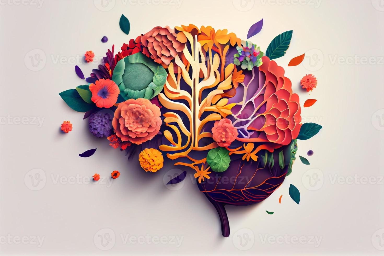 Mensch Gehirn mit Blumen, selbst Pflege und mental Gesundheit Konzept, positiv Haltung , kreativ Geist. generieren ai foto