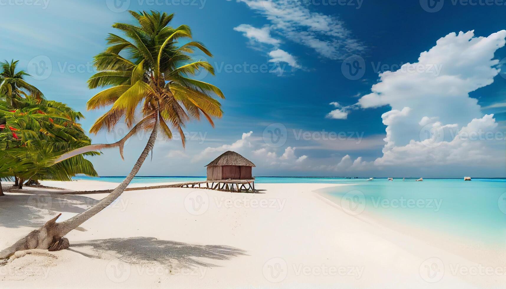 Kokosnuss Palme Baum auf tolle perfekt Weiß sandig Strand im Insel von Malediven. . generieren ai. foto