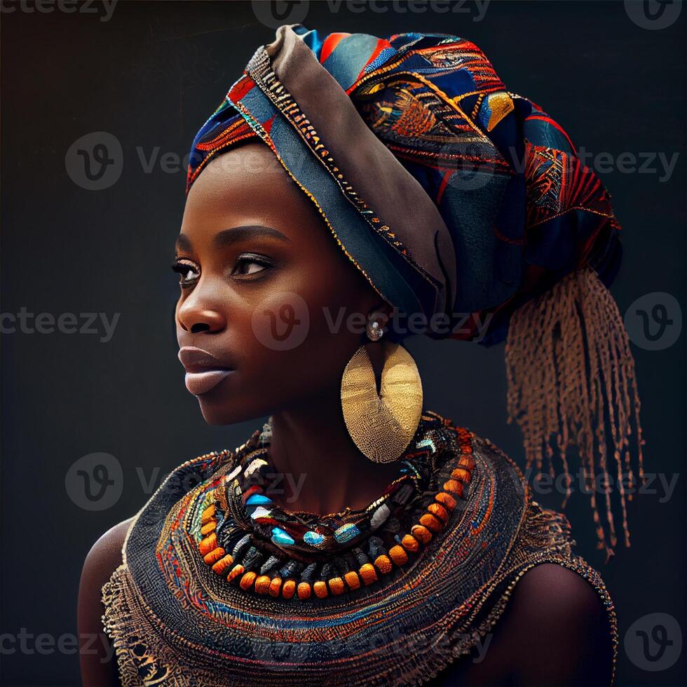 Porträt realistisch Grafik von ein afrikanisch Frau mit stark Gesichts- Eigenschaften im National Kleider - - ai generiert Bild foto