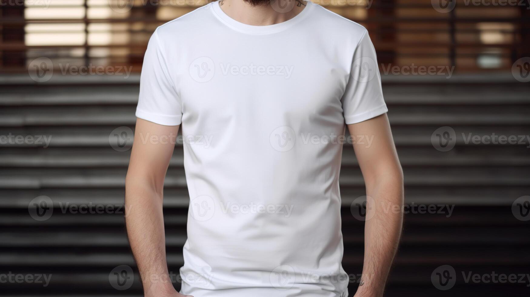 generativ ai, realistisch Weiß T-Shirt spotten oben leer stellen auf jung Mann, Copyspace zum Präsentation Werbung. leer Geschäft Konzept foto