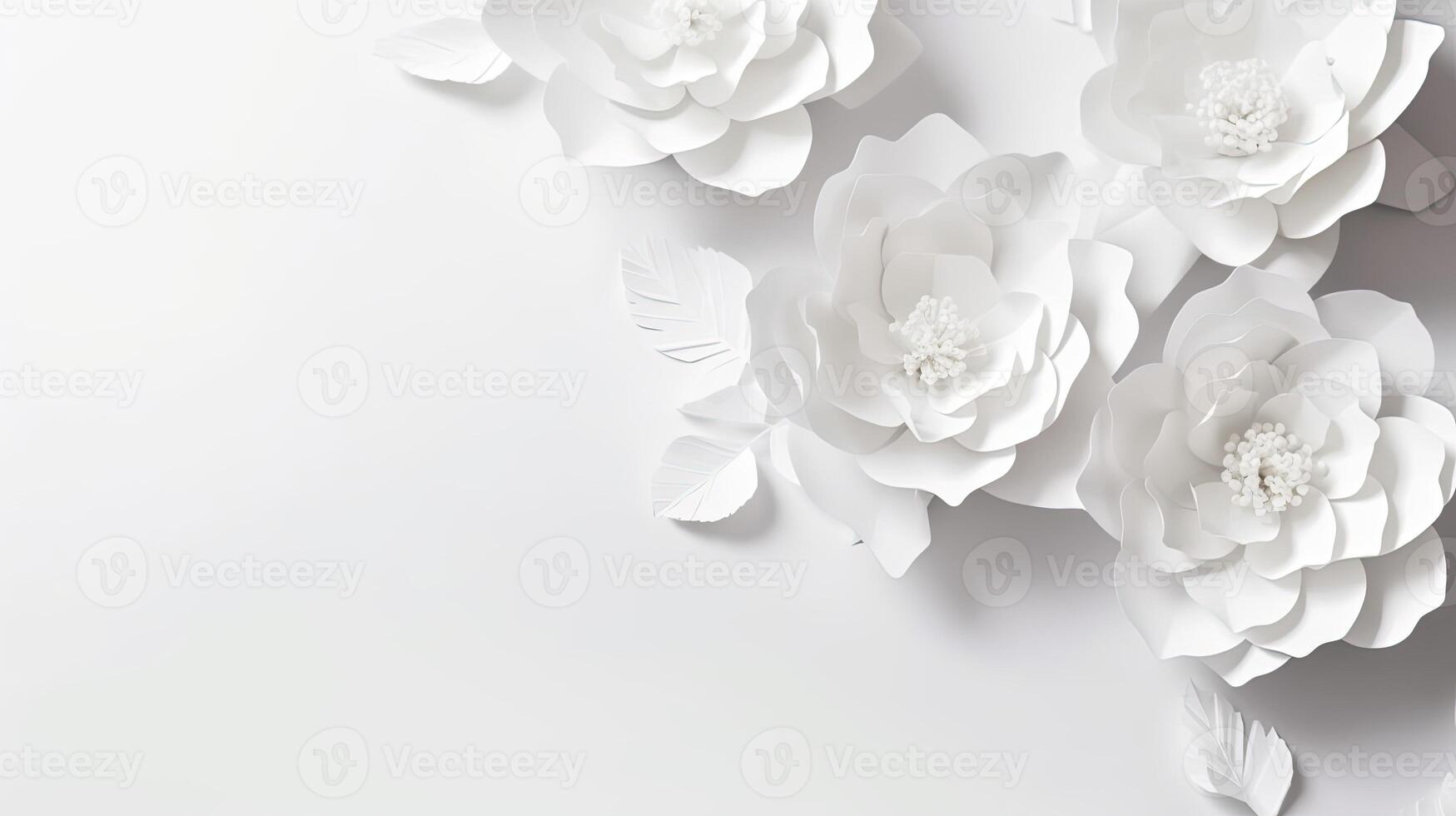 generativ ai, Papier Schnitt Kunst Blumen und Blätter, Weiß Farbe, Blumen- Origami texturiert Hintergrund, Frühling Stimmung. fotorealistisch Wirkung. foto