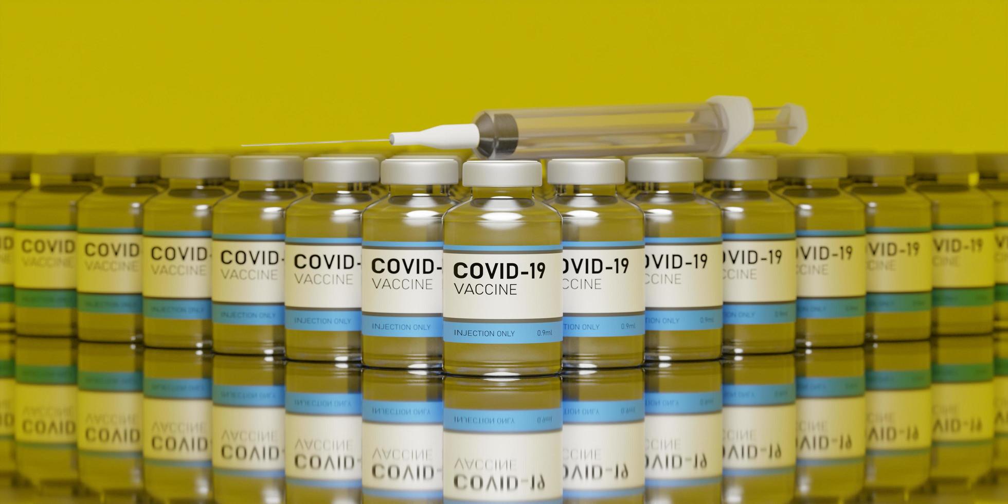 viele Coronavirus-Impfstoffe aufgereiht mit einer Spritze auf einem Glastisch mit Reflexionen und gelbem Hintergrund, 3d rendern foto