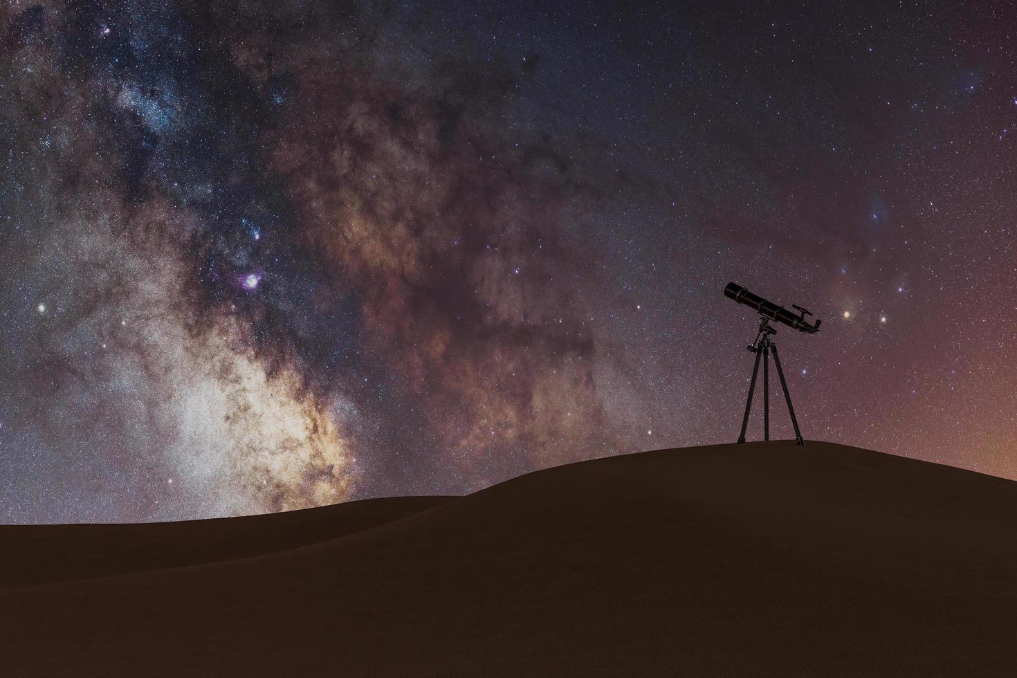 Milchstraße mit kleinem Teleskop in der Wüste, 3D-Rendering foto