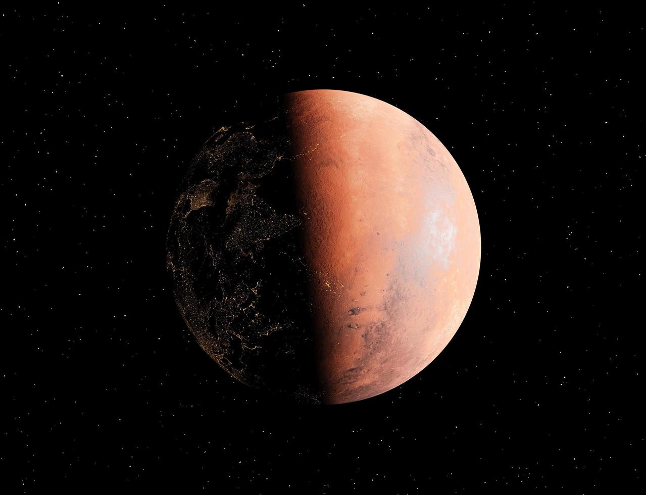 Planet Mars mit Lichtern der Zivilisationen in seinem verborgenen Gesicht, 3D-Rendering foto