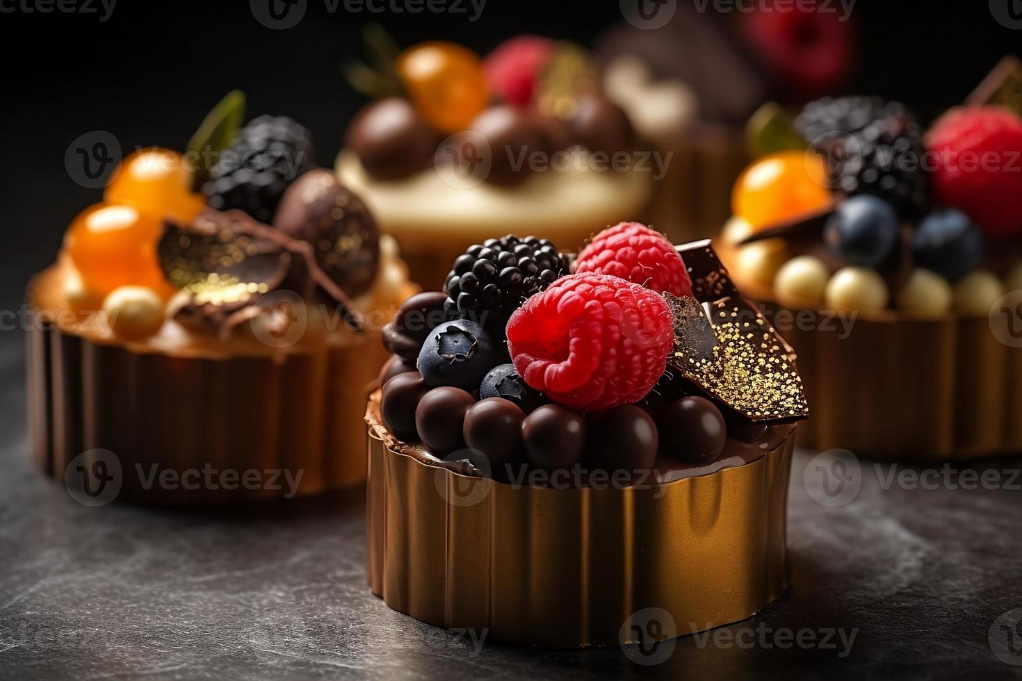 luxuriös Designer Gebäck mit Beeren im Schokolade. Fachmann Süßwaren mit Erdbeeren, Brombeeren, Mandarinen. foto
