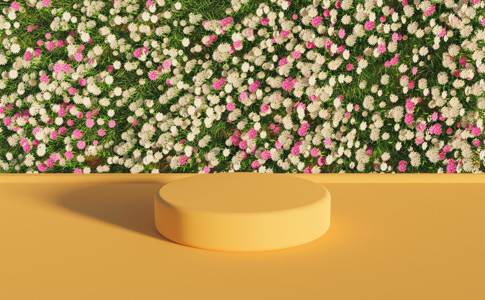 Produktstand mit weißen und lila Blumen, 3D-Rendering foto