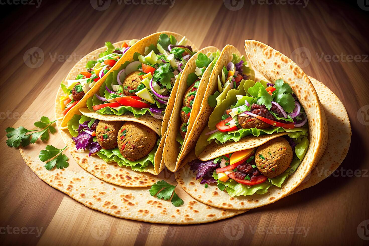 Tortilla wickeln mit Falafel und frisch Salat vegan Tacos Vegetarier gesund Essen durch ai generiert foto