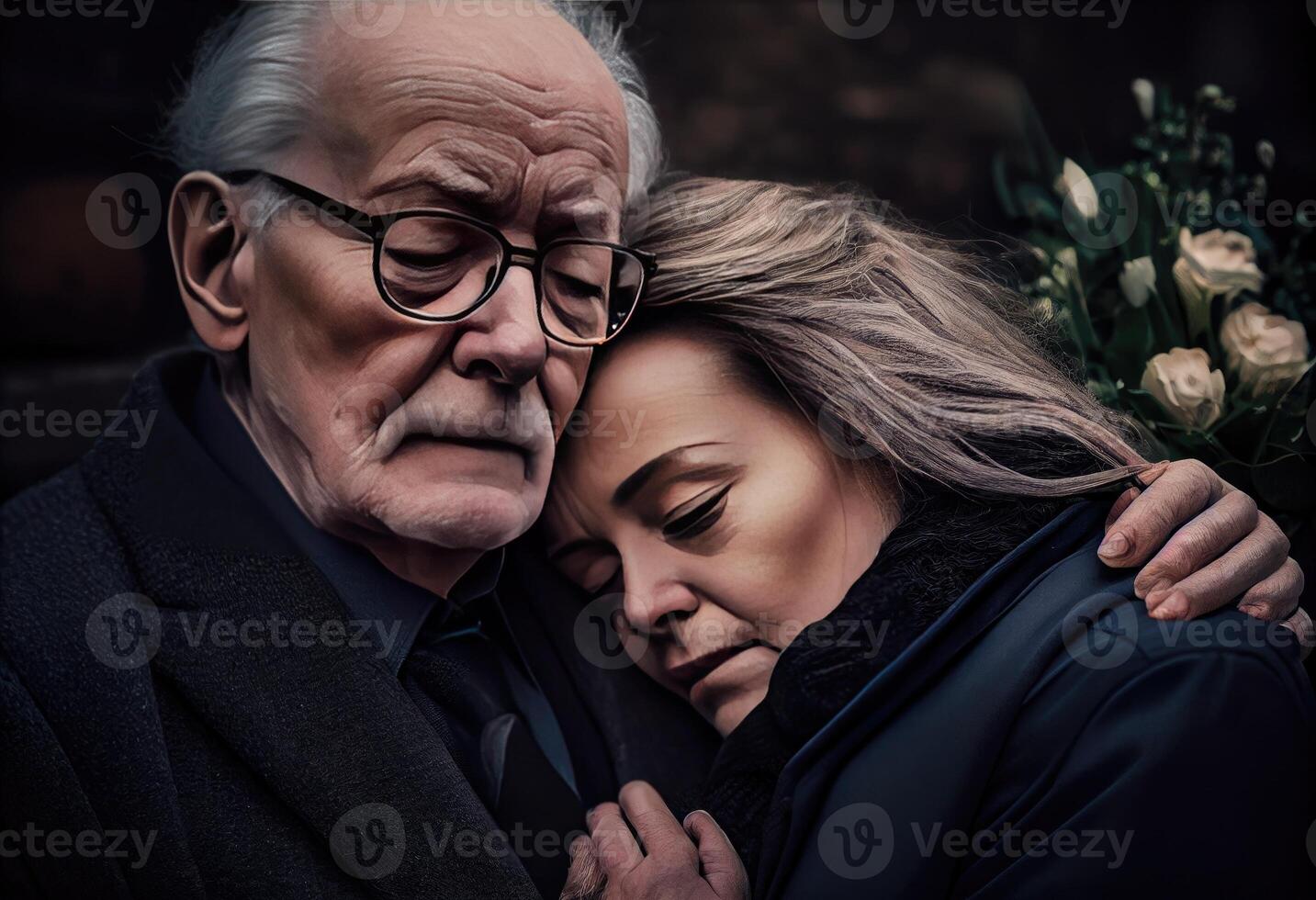 Senior Mann Stehen mit attraktiv Frau halten Blumen auf Beerdigung. generieren ai. foto