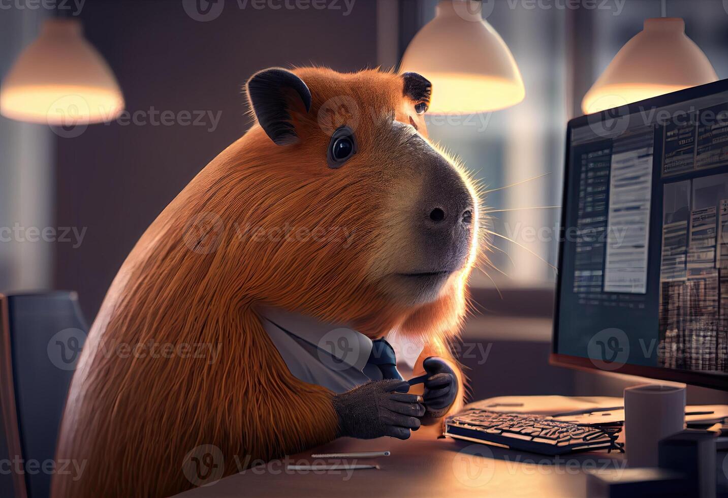 Porträt von ein anthropomorph Capybara wie ein Entwickler im das Büro. generieren ai. foto