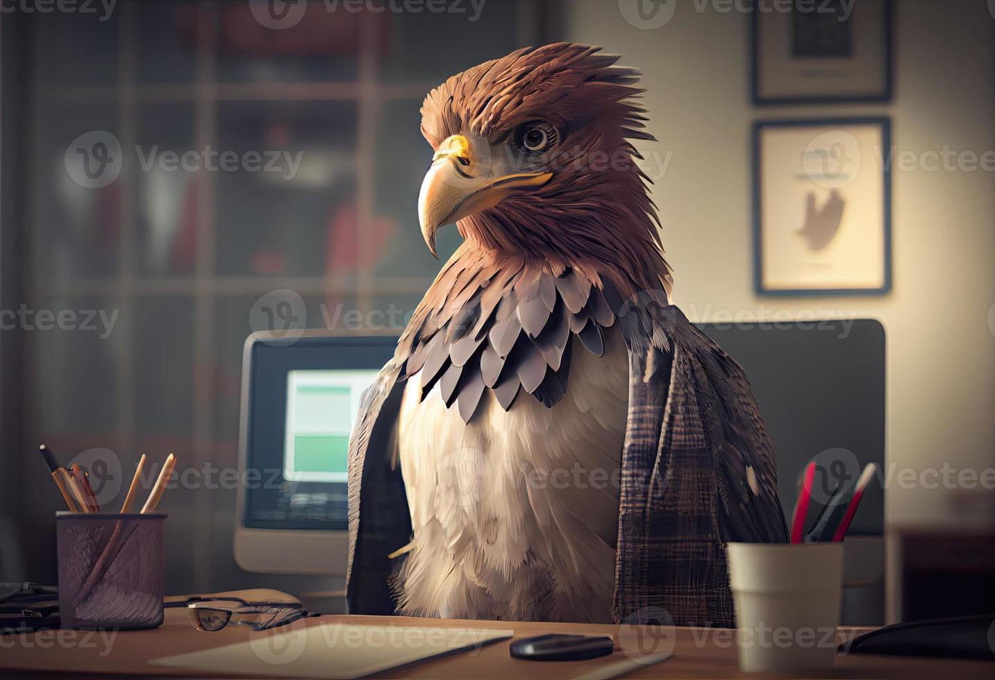 Porträt von ein anthropomorph Adler wie ein Entwickler im das Büro. generieren ai. foto