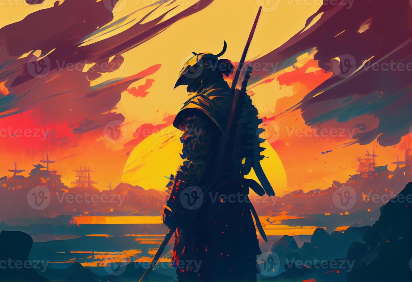 Illustration Gemälde ein Samurai mit ein Katana steht bereit zu Kampf gegen ein enorm Armee.. generieren ai. foto