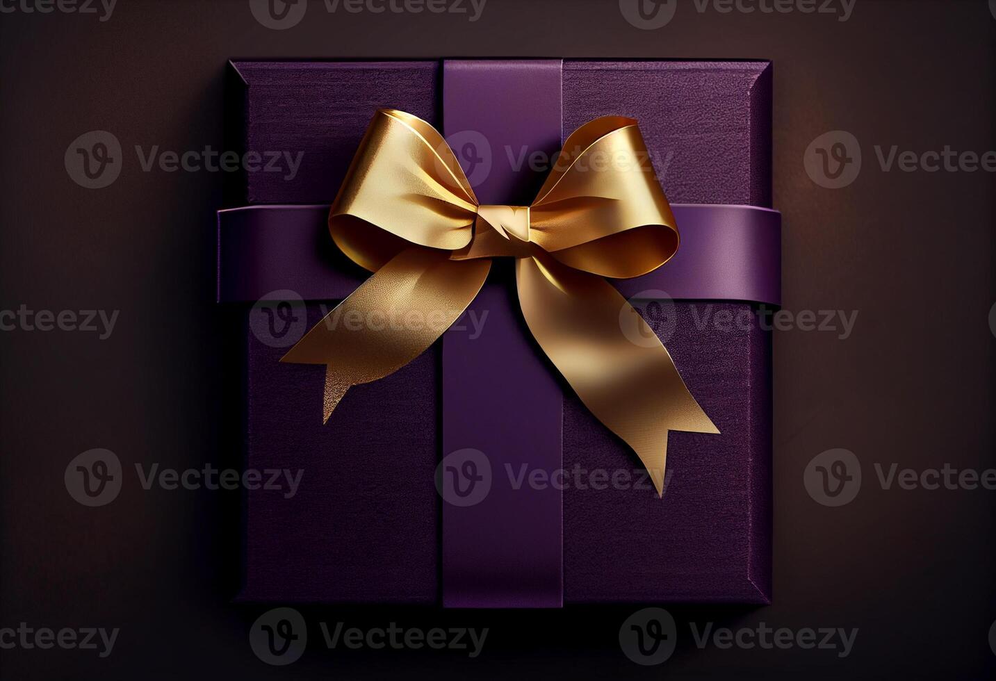 Geschenk Box dunkel violett mit Gold Band Bogen auf Spitze, dunkel texturiert Hintergrund. generieren ai. foto