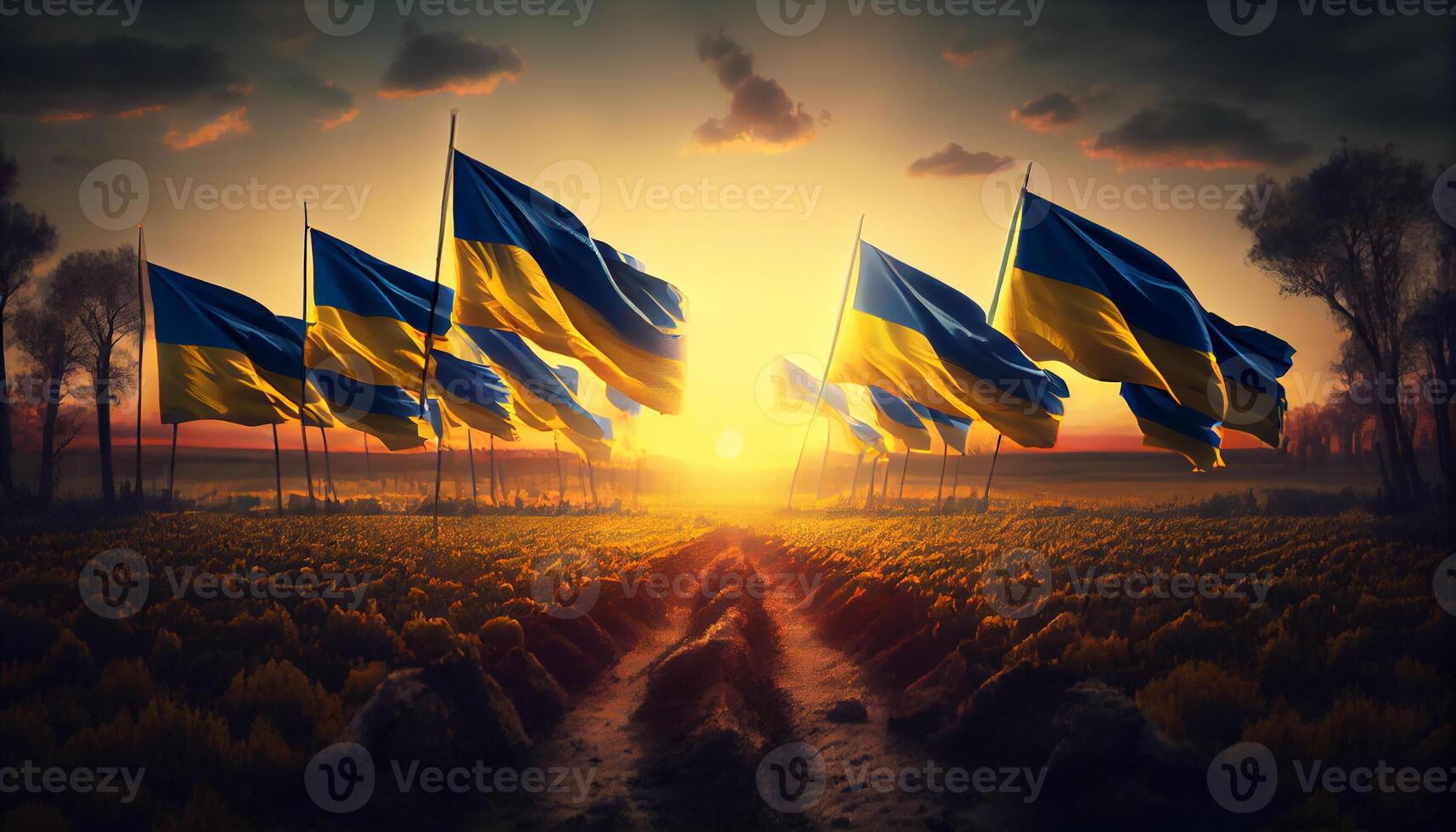 Feld von ukrainisch Flaggen beim Sonnenuntergang. generieren ai. foto