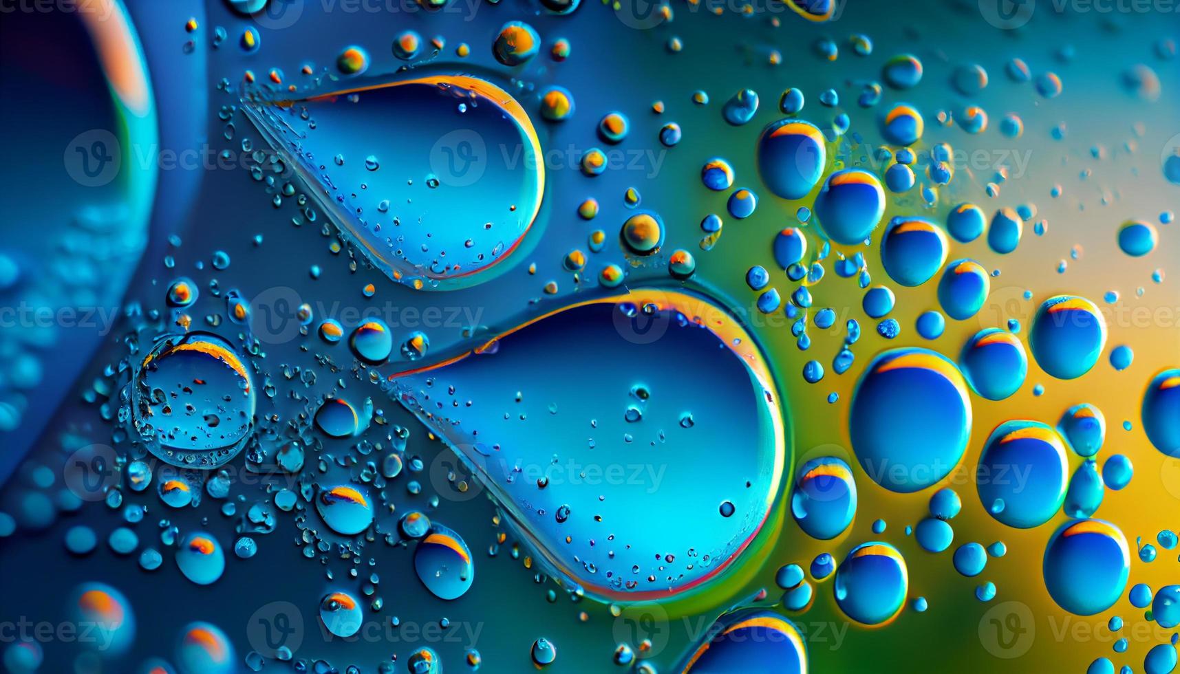 abstrakt hell bunt Hintergrund mit Tropfen von Öl und Wasser im Blau und Türkis Töne, Makro. . generieren ai. foto