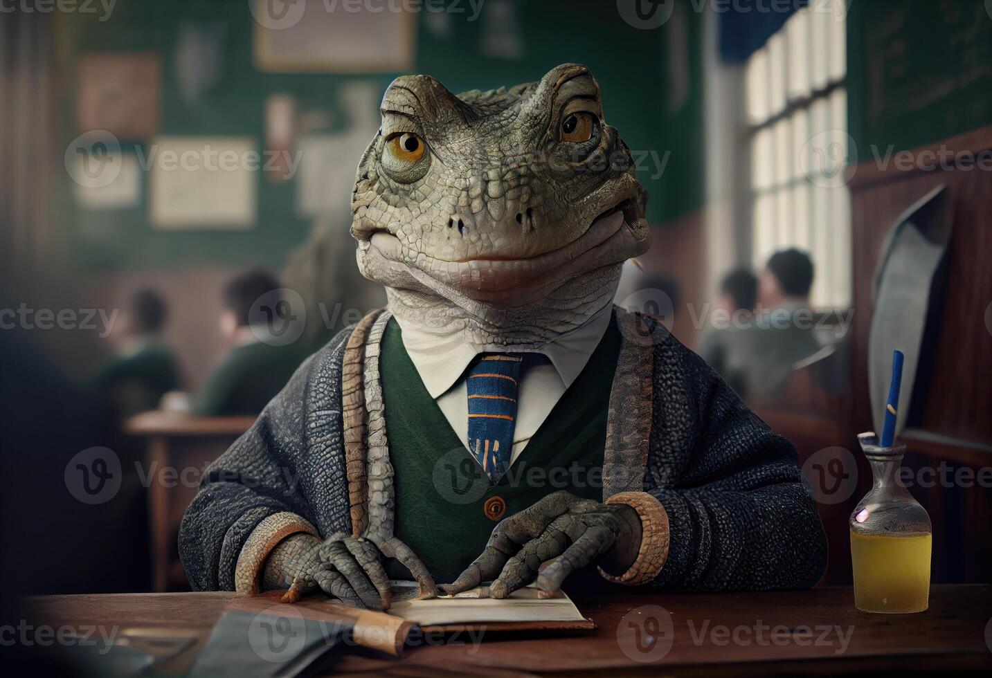 Porträt von ein anthropomorph Krokodil gekleidet wie ein Schüler im ein Klassenzimmer. generieren ai. foto