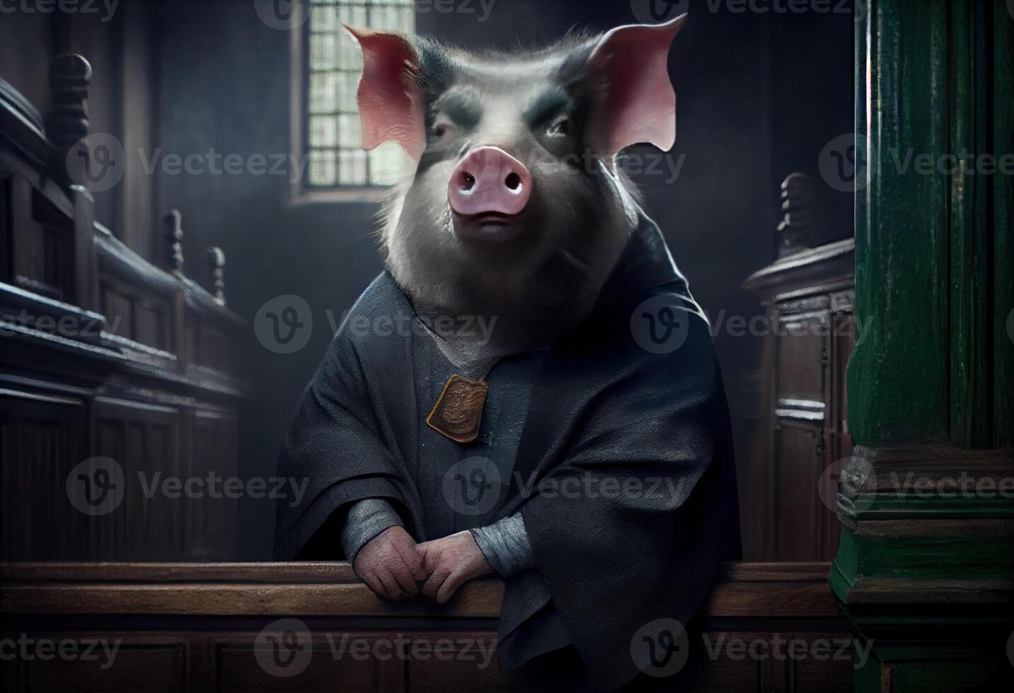 Porträt von ein Schwein wie ein Richter während ein Gerichtsverhandlung. generieren ai. foto