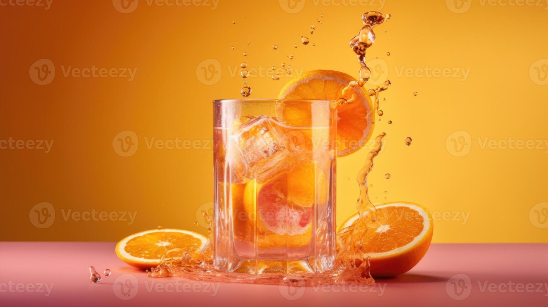 belebend Cocktail, Eis Würfel und orange, Wasser Spritzen, beschwingt Orange Hintergrund generativ ai foto