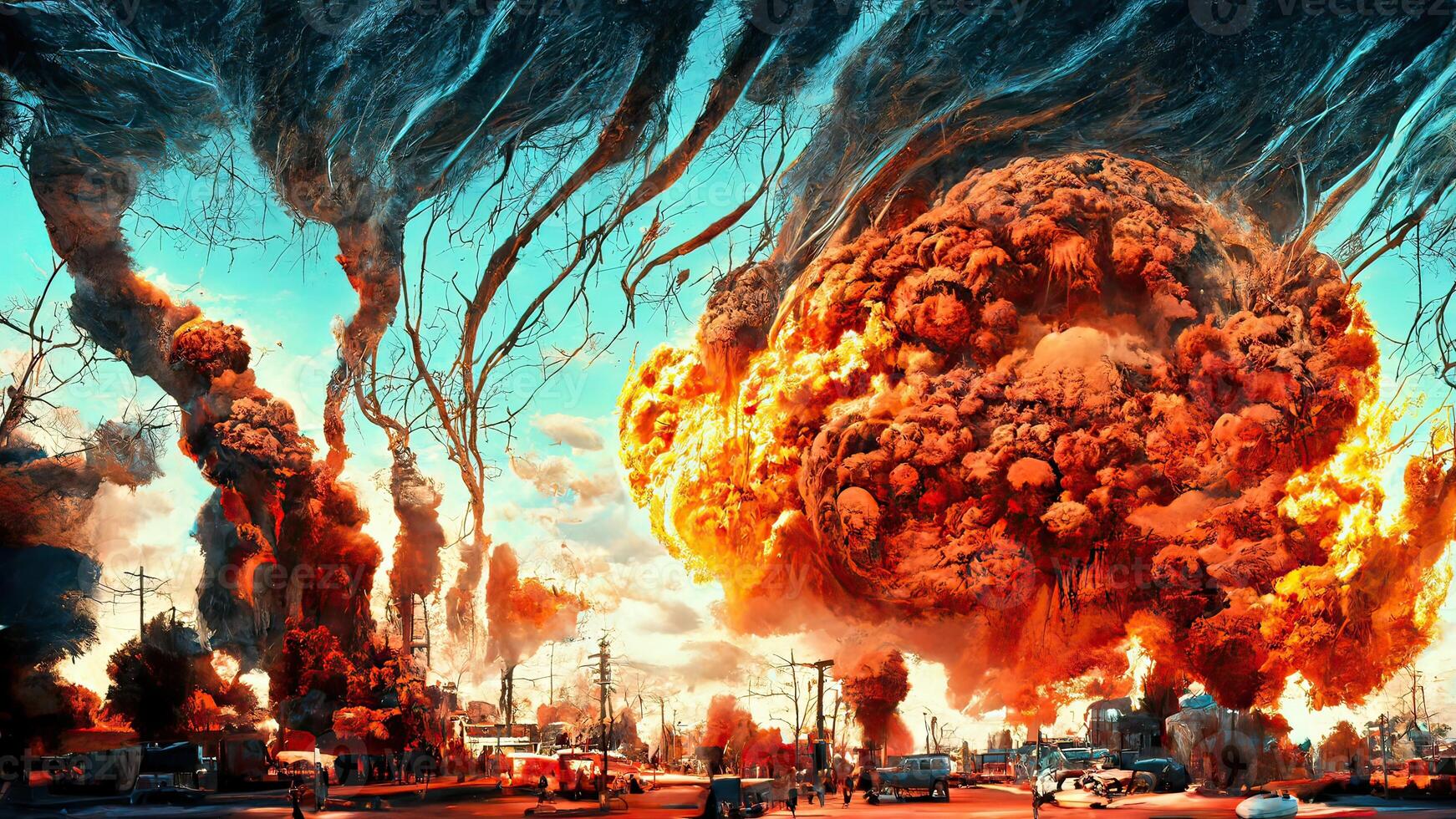 Weltuntergang. Ende von das Welt. das ruiniert Stadt nach das Apokalypse. das postnuklear Krieg Welt im Flammen. generativ ai. foto