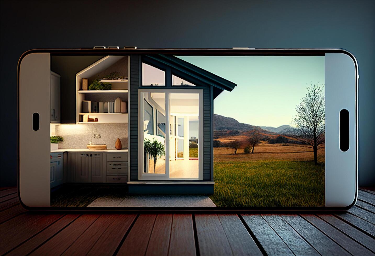 Smartphone mit ein Aussicht von ein modern Küche im das Bildschirm. generativ ai foto