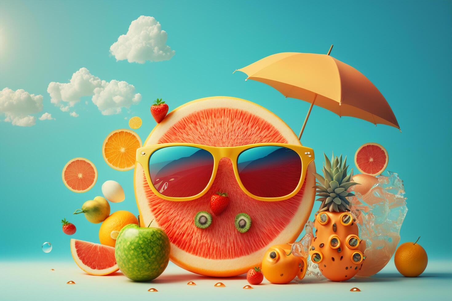 Früchte unter Regenschirm auf das Strand. Sommer- Konzept 3d Rendern generativ ai foto