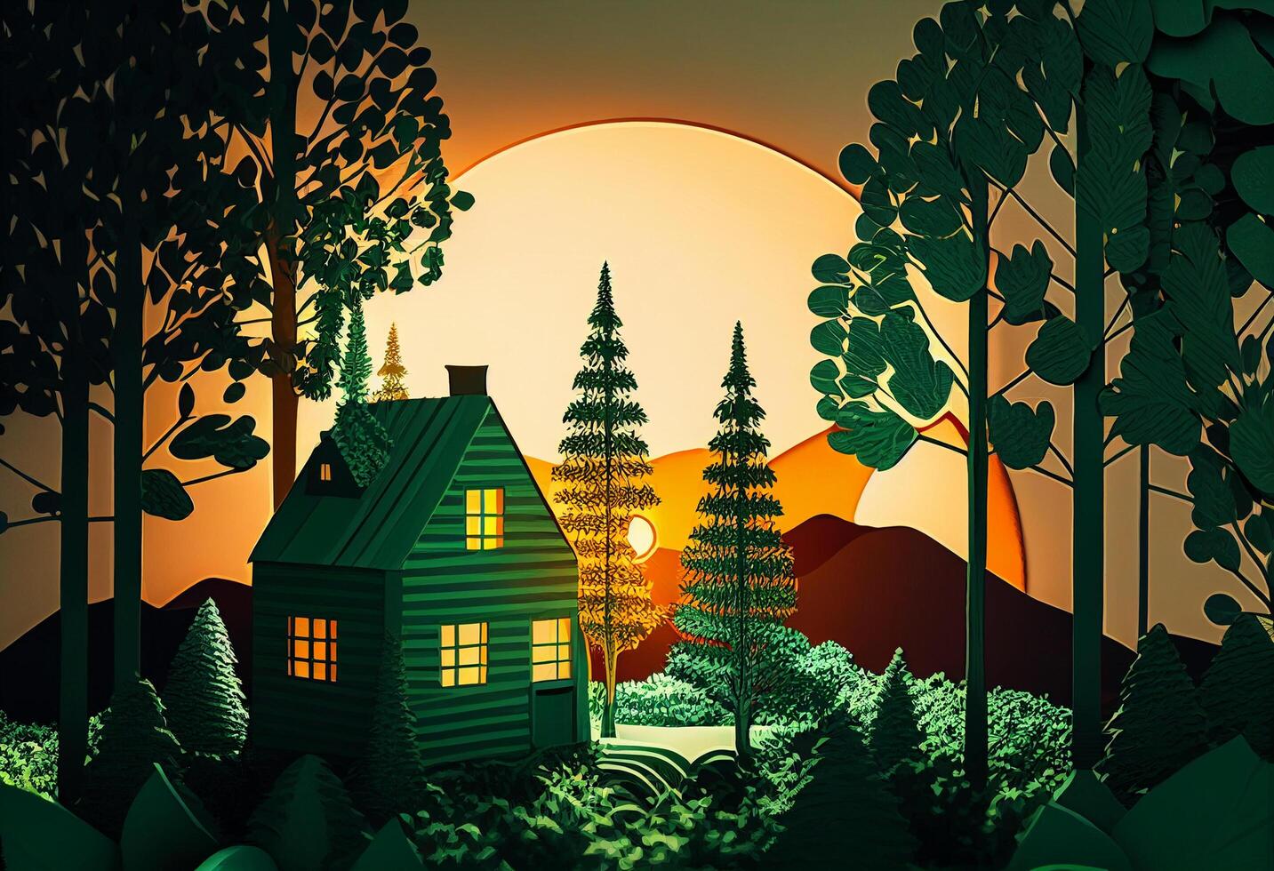 Illustration von Grün Wald mit Haus beim Sonnenuntergang. Papier Kunst Stil. generativ ai foto