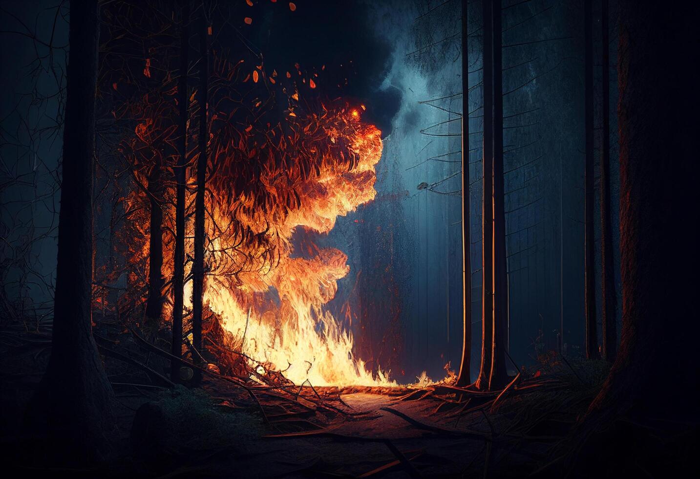 groß Lagerfeuer im das dunkel Wald. 3d machen Illustration. generativ ai foto