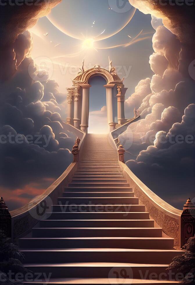 generativ ai Illustration von ein atemberaubend Treppe Das führt oben zu ein paradiesisch Reich. das Treppe sind beleuchtet mit ein weich, ätherisch Licht, ein neblig, magisch Dunst foto