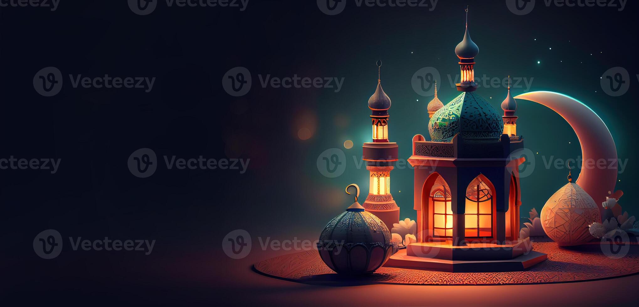 generativ ai Illustration von islamisch Urlaub. Ramadan Nacht. Moschee und Laterne angezeigt auf Stufen mit glühend Licht im das Abend. Hintergrund und Banner Hintergrund. foto