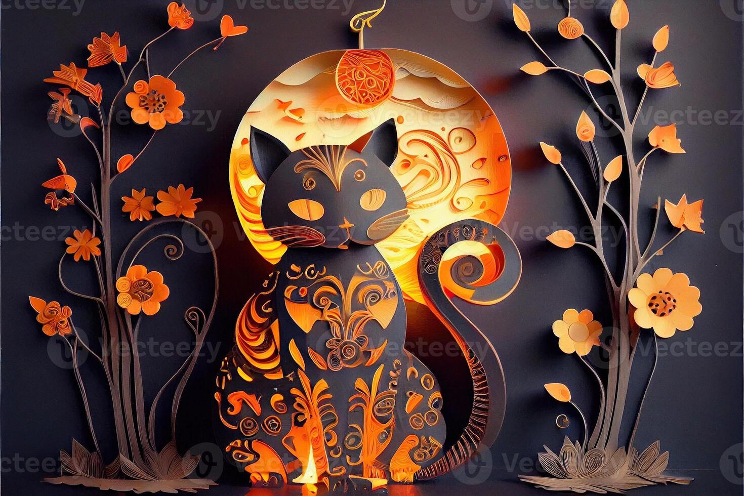 generativ ai Illustration von Papier Schnitt Handwerk, quilling multi dimensional Vietnamesisch Stil, süß Tierkreis Kitty Katze mit Laternen im Hintergrund, Chinesisch Neu Jahr. 3d Papier Illustration Stil. foto