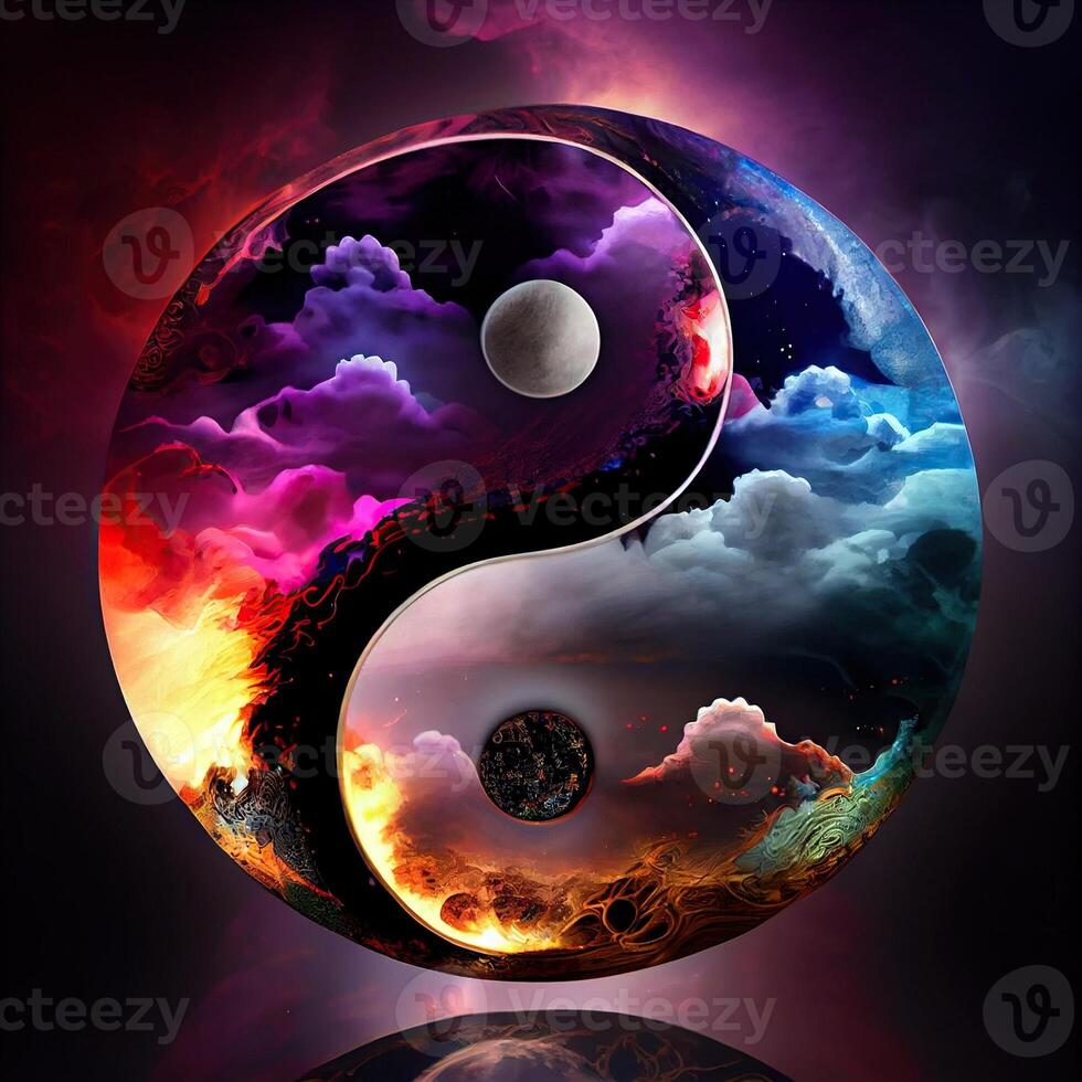 generativ ai Illustration von ein mythisch Yin Yang Magie Design gemacht von Karneval Glas, Fantasie Himmel Hintergrund, Meister von das Dunkelheit, Fantasie Epos Atmosphäre foto