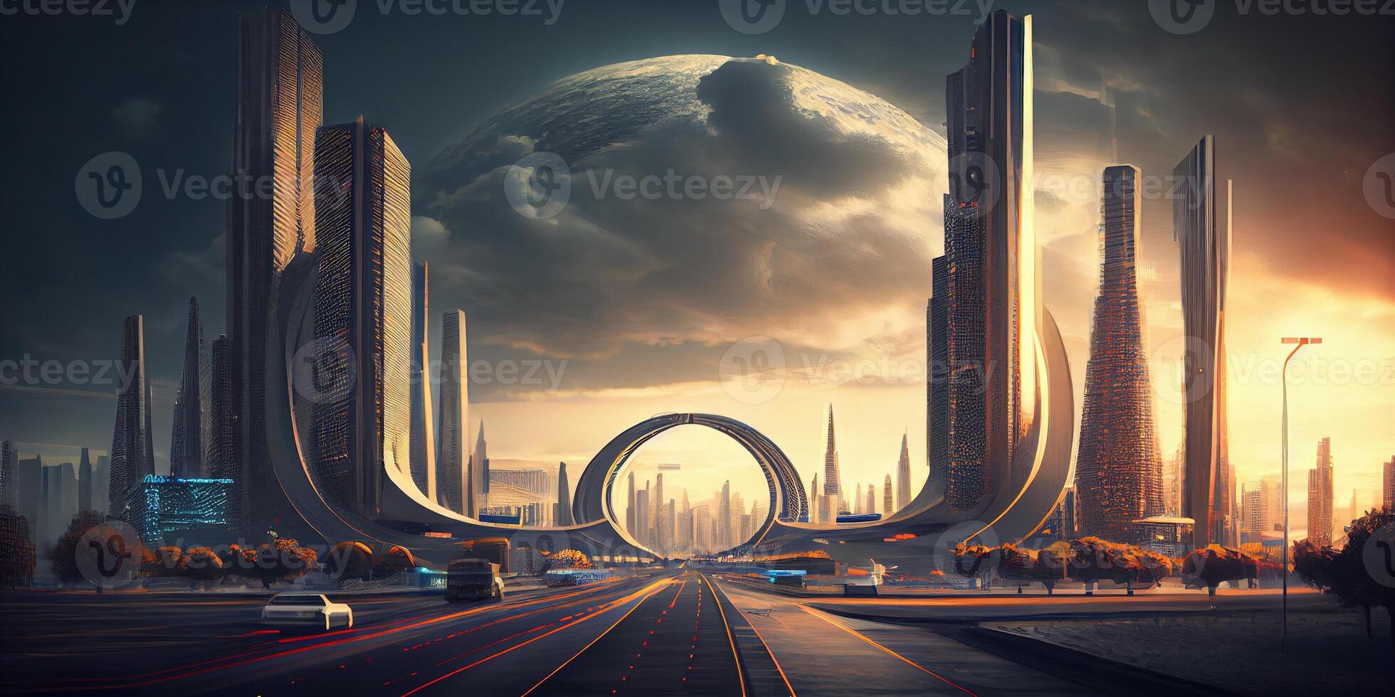 generativ ai Illustration von Fantasie futuristisch Stadt mit Autobahnen und Wolkenkratzer, Cyber Stadt foto