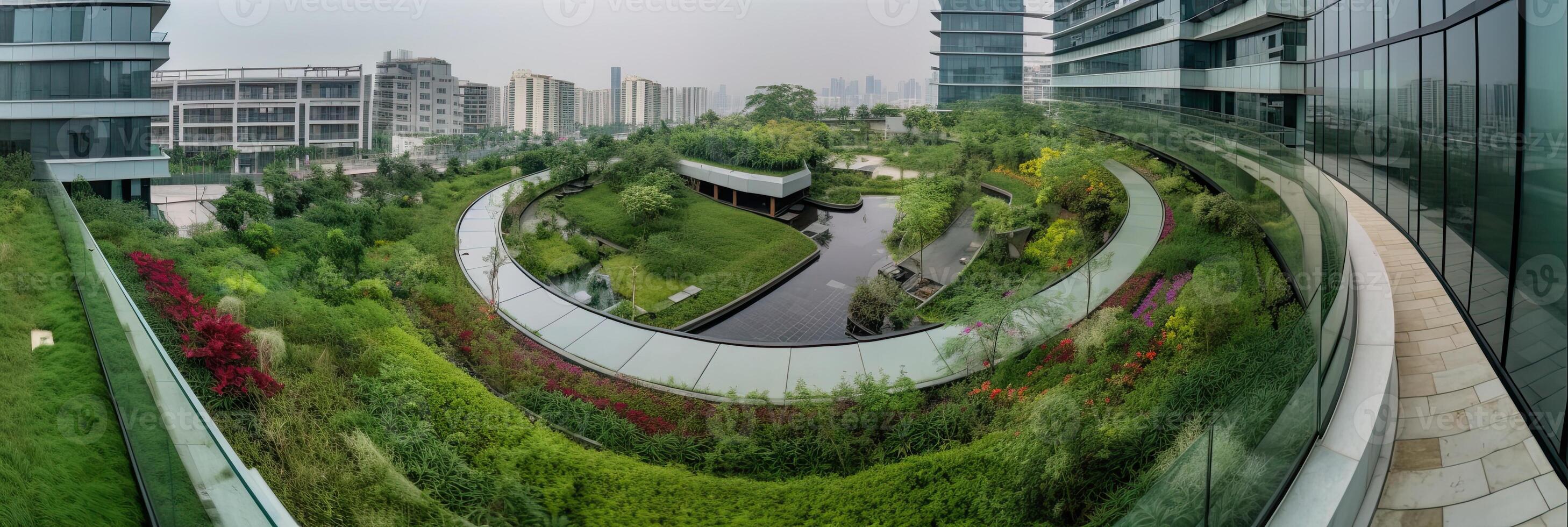 generativ ai Illustration von Herrlich Garten auf das Dach von ein zeitgenössisch Glas Büro Gebäude im Asien foto