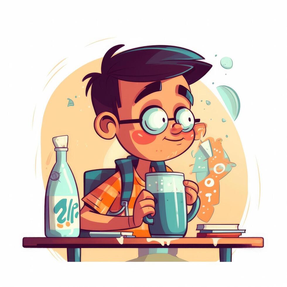 jung Junge Trinken Milch, Karikatur Illustration mit generativ ai foto