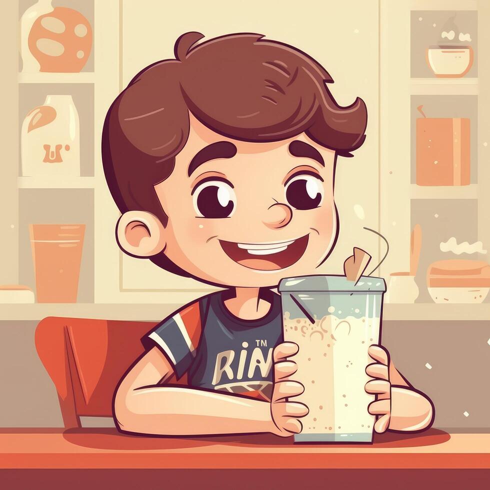 jung Junge Trinken Milch, Karikatur Illustration mit generativ ai foto