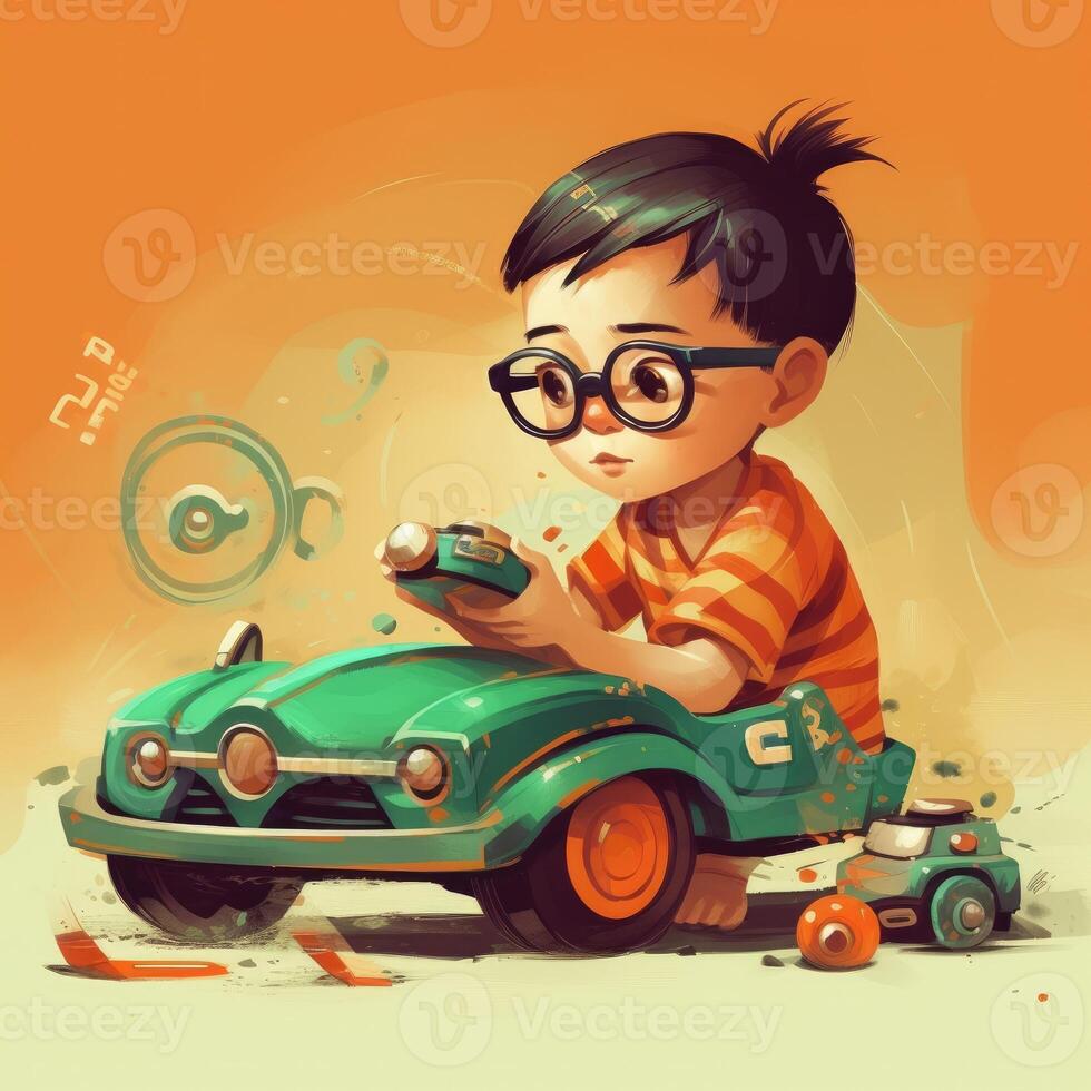 Junge spielen mit Spielzeug Auto, Karikatur Illustration mit generativ ai foto