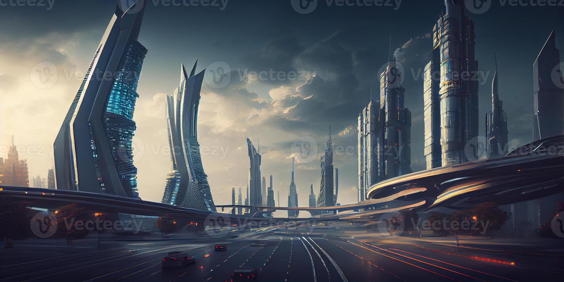 generativ ai Illustration von Fantasie futuristisch Stadt mit Autobahnen und Wolkenkratzer, Cyber Stadt foto