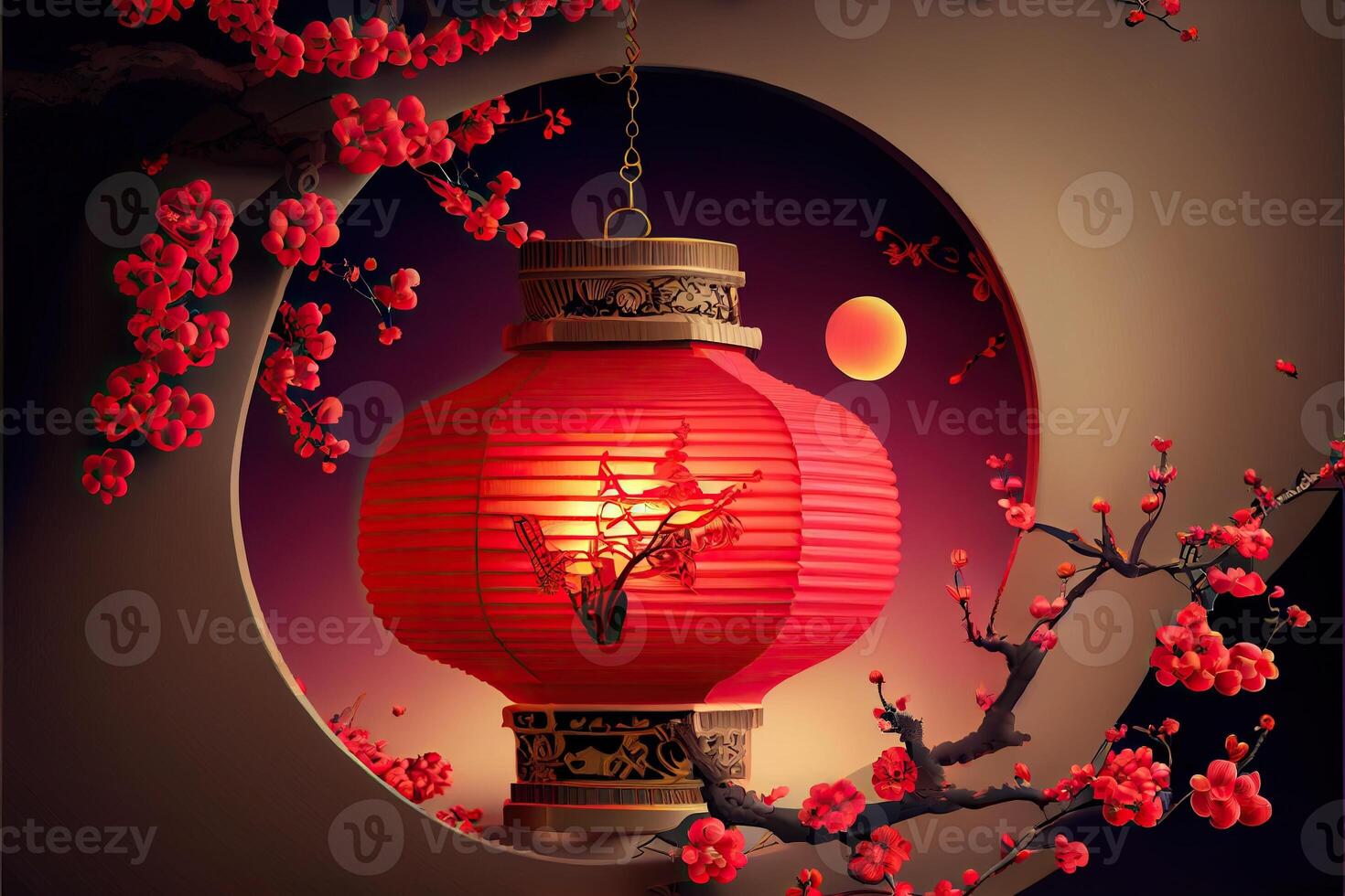 generativ ai Illustration von Chinesisch traditionell rot Festival Hintergrund mit ein Chinesisch rot Pflaume Blüte, Laterne, Frühling Festival, Neu Jahr, Chinesisch traditionell Kultur Element foto