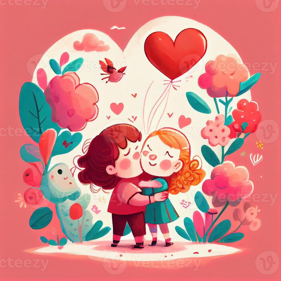 generativ ai Illustration von ein bezaubernd und liebenswert Karikatur Charakter zum Valentinstag Tag, Liebe, Herzen, Blumen, Romantik, Glücklich, heiter, froh, Spaß, spielerisch, unbeschwert, Süss foto