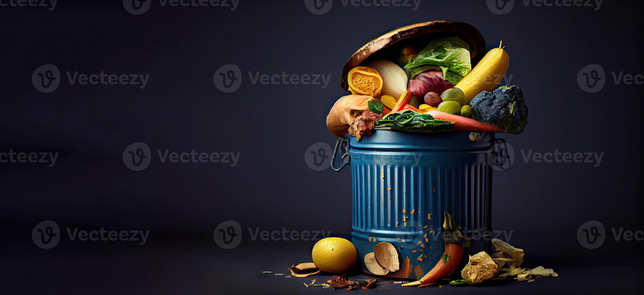 generativ ai Illustration von ungebraucht, verfault Gemüse sind entsorgt von im das Müll. Essen Abfall und Essen Verlust bekommen loswerden von Essen Abfall beim Zuhause foto