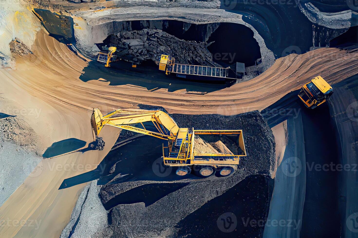 generativ ai Illustration von ein Antenne Panorama von ein Anthrazit Kohle Mine, präsentieren ein groß Gelb Bergbau LKW Sammeln Felsen im ein öffnen Grube Bergwerk foto