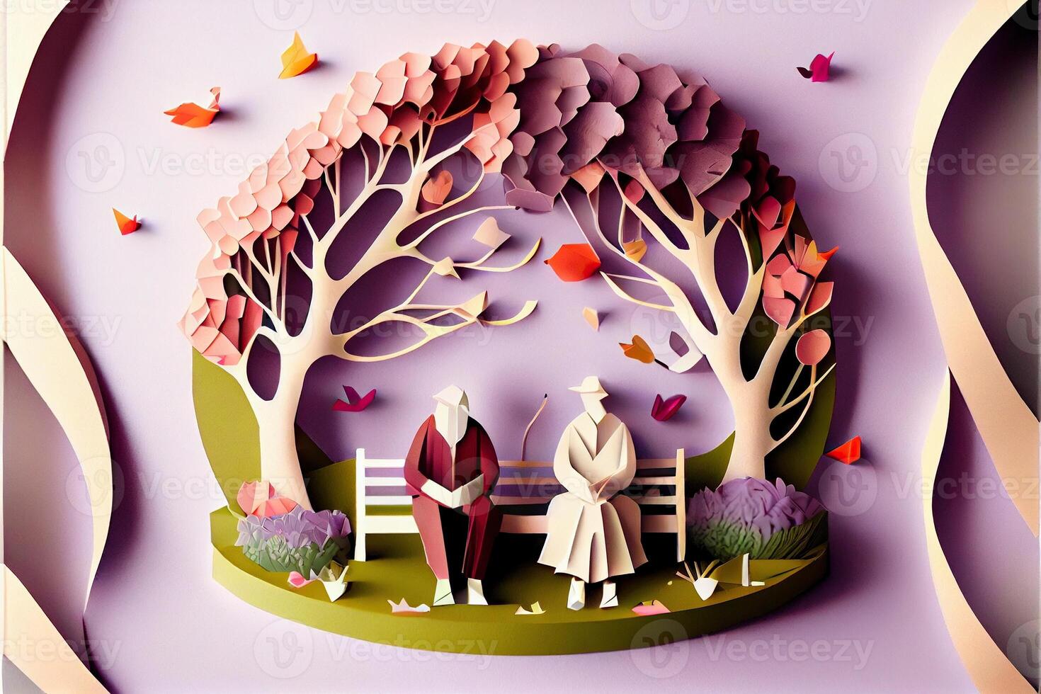 generativ ai Illustration von Origami Frühling Hintergrund, froh Alten, glücklich Familie mit Elternteil, bunt. Papier Schnitt Handwerk, 3d Papier Illustration Stil, Pop Farbe. neural Netzwerk generiert Kunst. foto