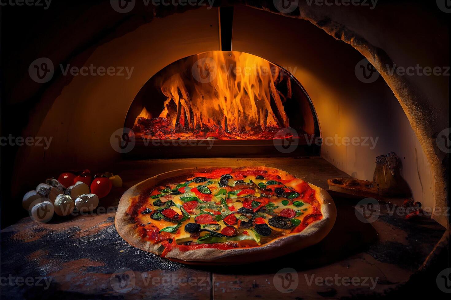 generativ ai Illustration von Italienisch Pizza ist gekocht im ein holzbefeuert Ofen. foto