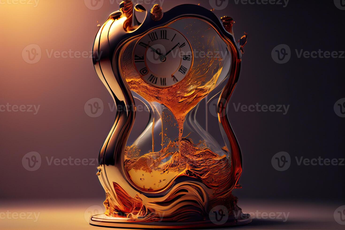 generativ ai Illustration von das Illusion von Zeit, ein surreal Uhr gemacht von golden und Merkur Materialien, schmelzen im ein verzerrt und Flüssigkeit Weise foto